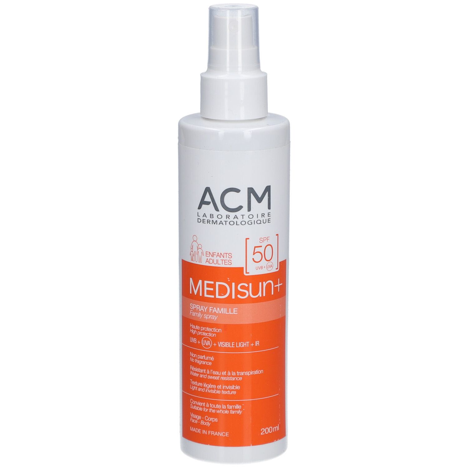 Flacon spray blanc et orange. Inscription: ACM, Medisun+, SPF 50. Pour enfants et adultes.
