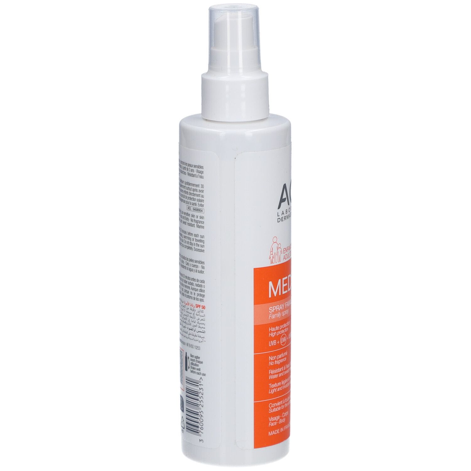 Flacon spray blanc avec texte. Inscription: ACM, Medisun+. Bande orange avec texte.