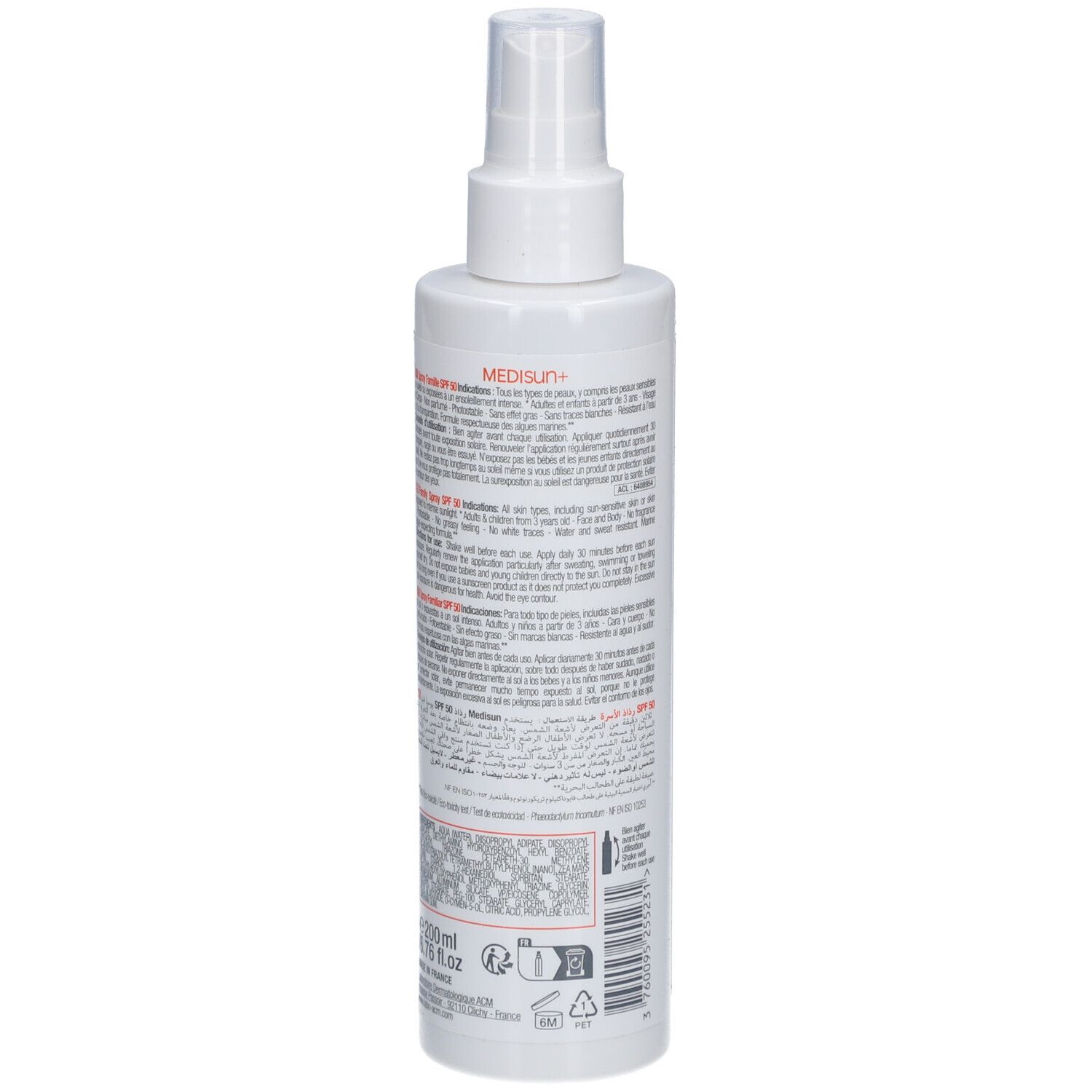 Flacon spray blanc avec texte. Inscription: ACM, Medisun+. Dos avec texte et code-barres.