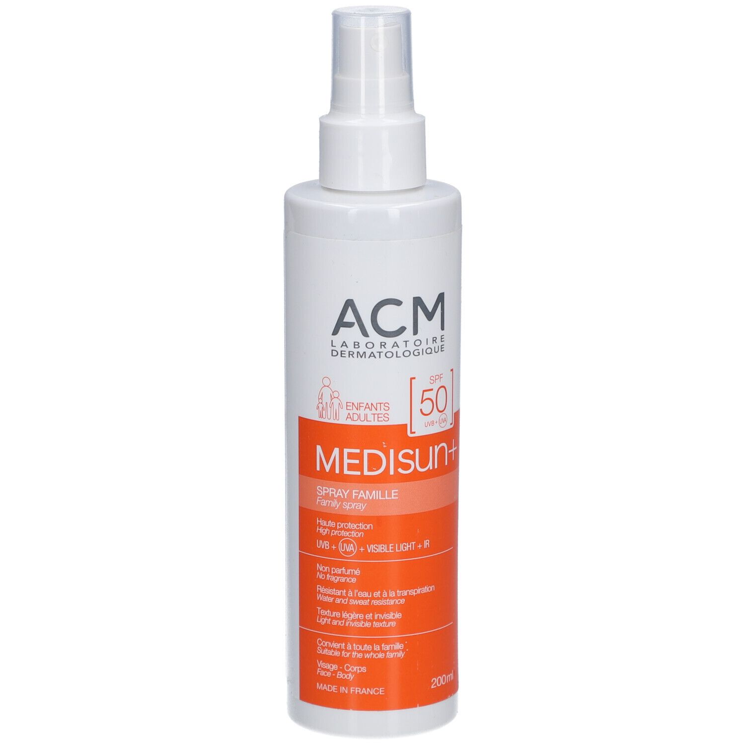 Flacon spray blanc. Inscription: ACM, Medisun+, SPF 50. Bande orange avec texte.