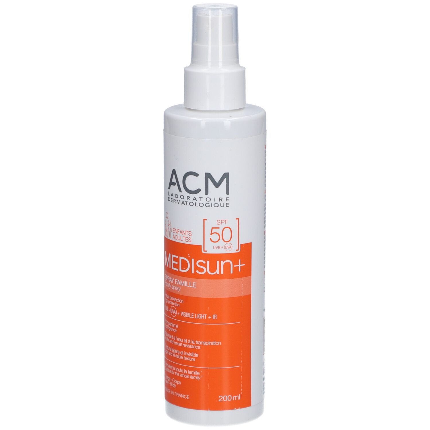 Flacon spray blanc. Inscription: ACM, Medisun+, SPF 50. Bande orange avec texte.