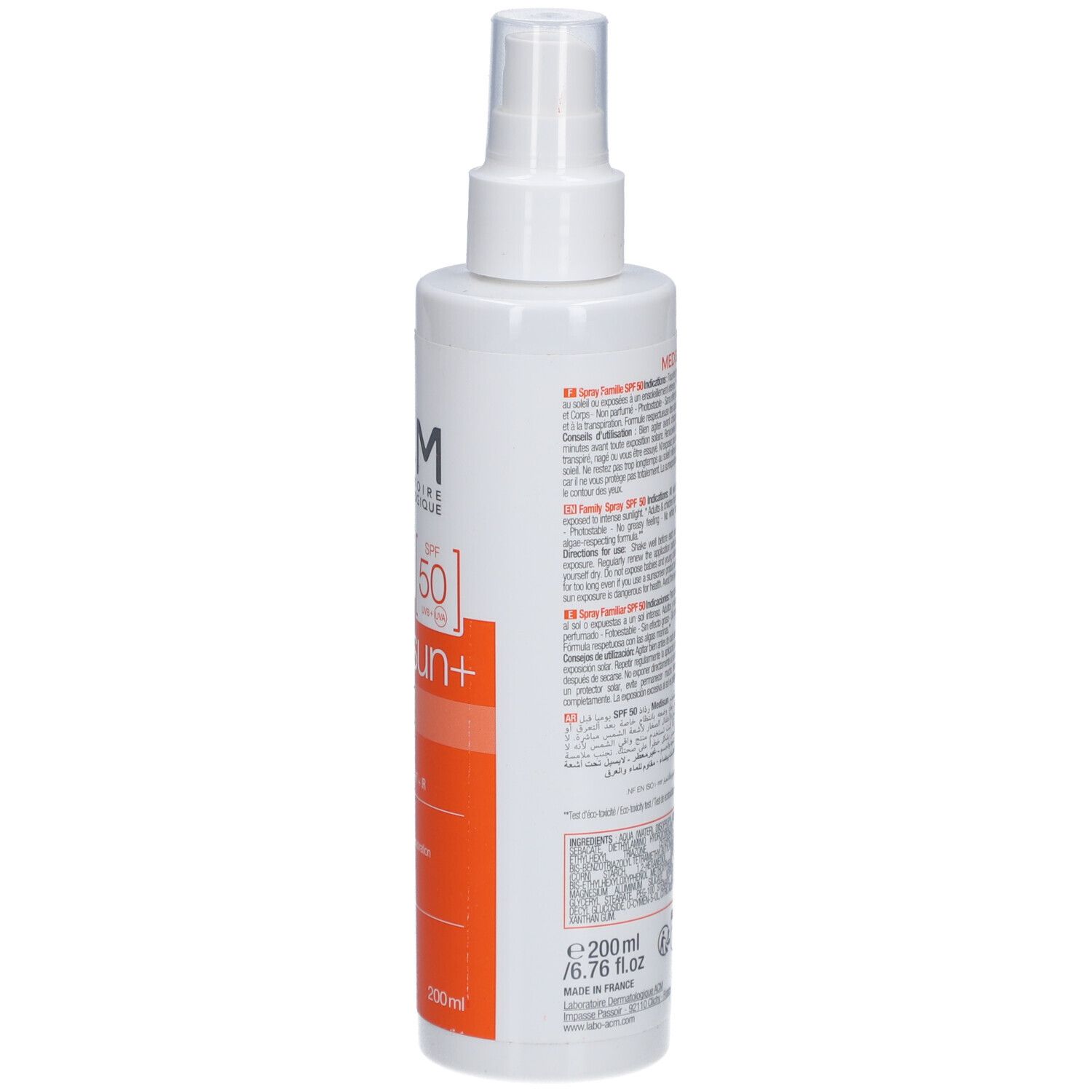 Flacon spray blanc avec texte. Inscription: ACM, Medisun+. Dos avec texte et volume.