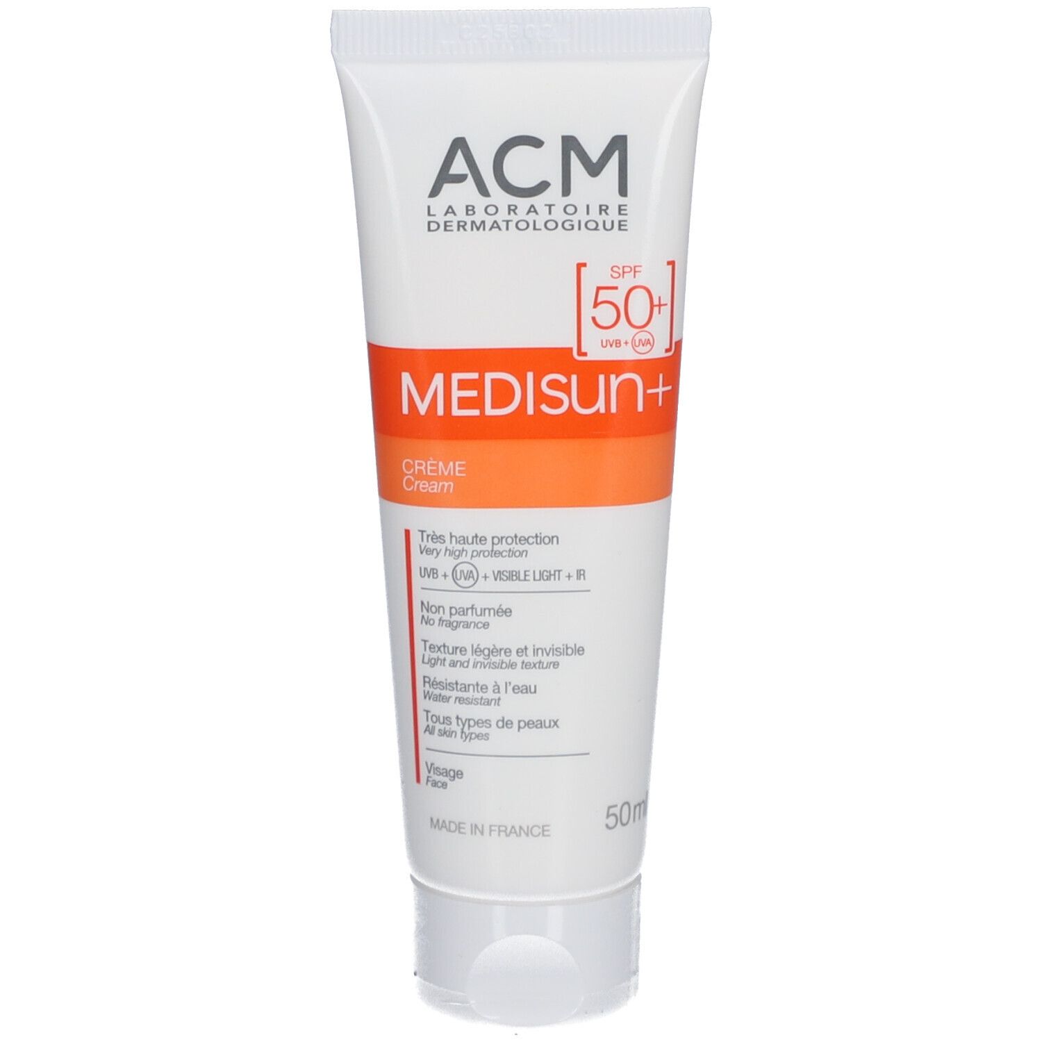 Tube blanc de crème solaire ACM Medisun+ SPF 50+. Accents orange, nom du produit et indice SPF clairement visibles.