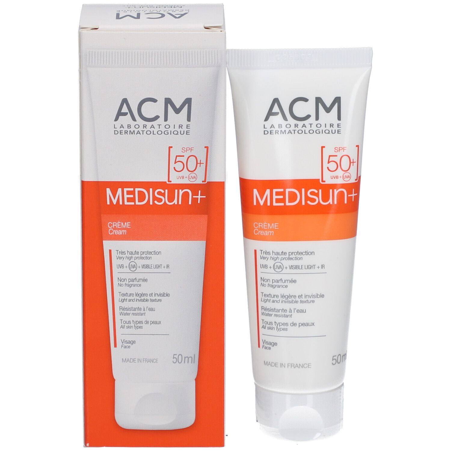 Emballage du produit avec tube et boîte. Les deux affichent ACM Medisun+ crème solaire SPF 50+ avec des accents orange.