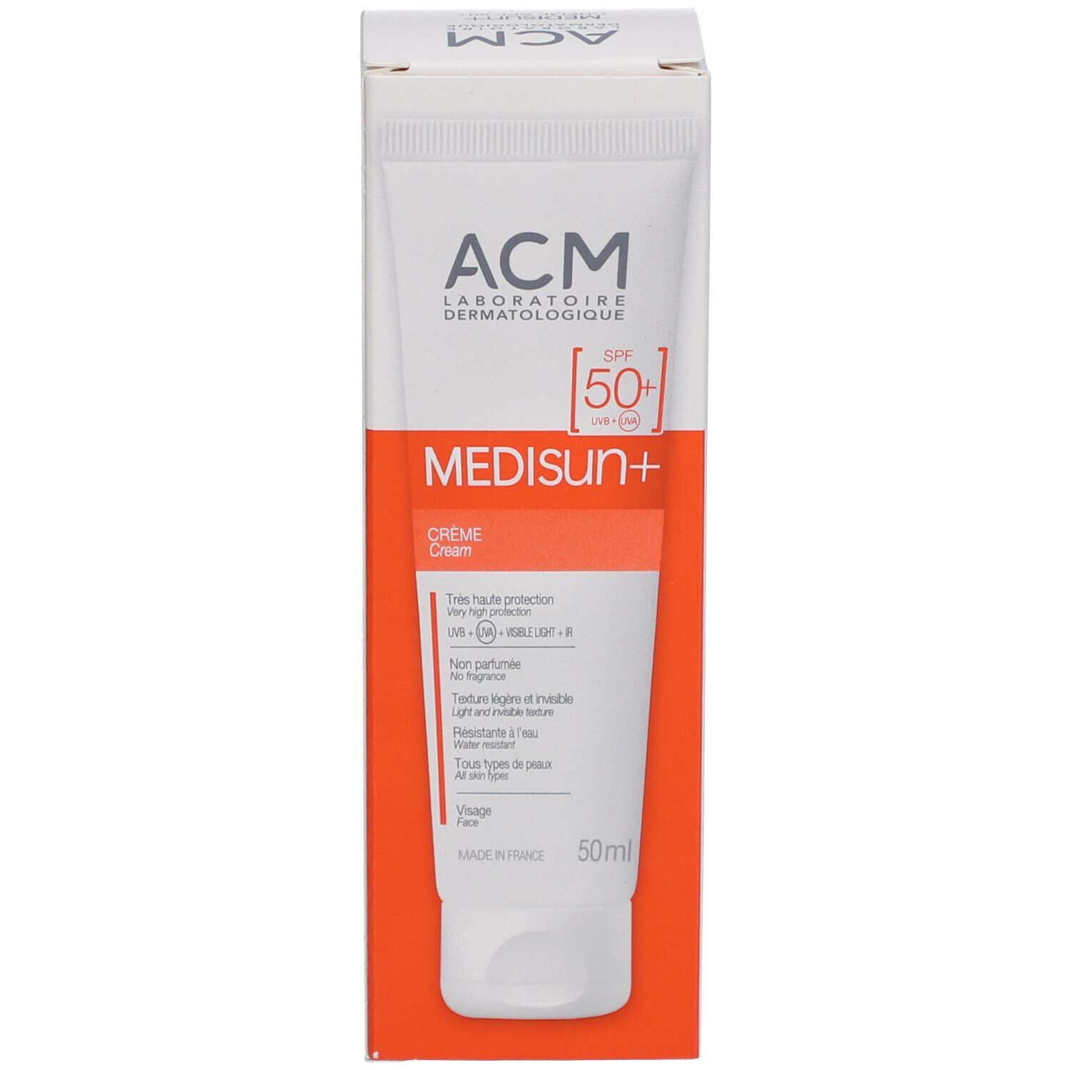 Boîte en carton avec ACM Medisun+ crème solaire SPF 50+. Accents orange, nom du produit et indice SPF clairement visibles.
