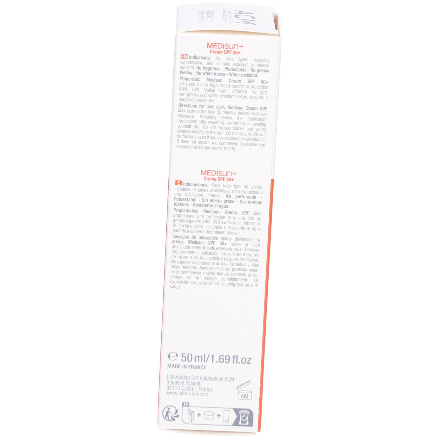 Dos de la boîte en carton avec informations produit en plusieurs langues. Contient texte, logos et ingrédients.