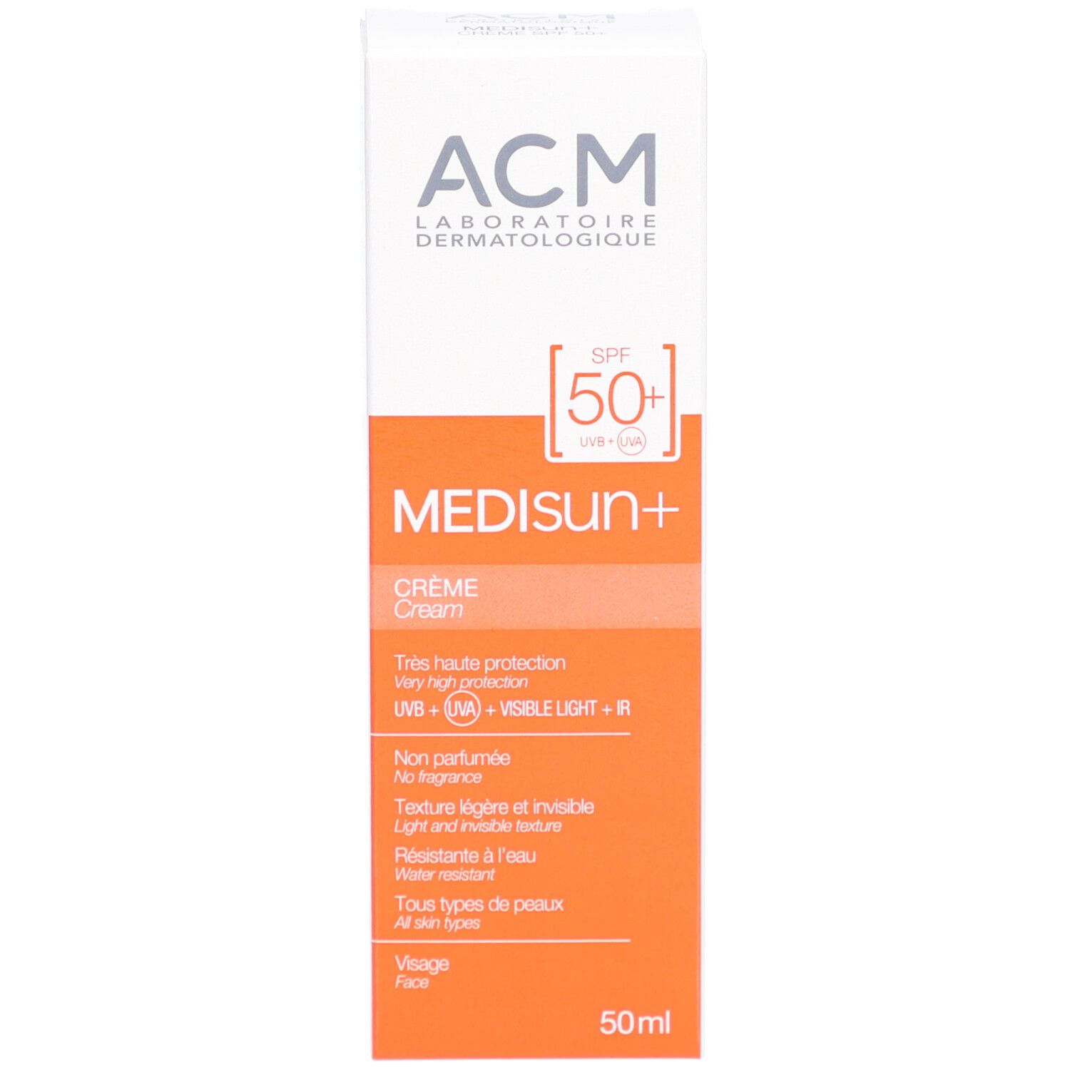 Face avant du tube de crème solaire ACM Medisun+ SPF 50+. Accents orange, nom et SPF clairement visibles.