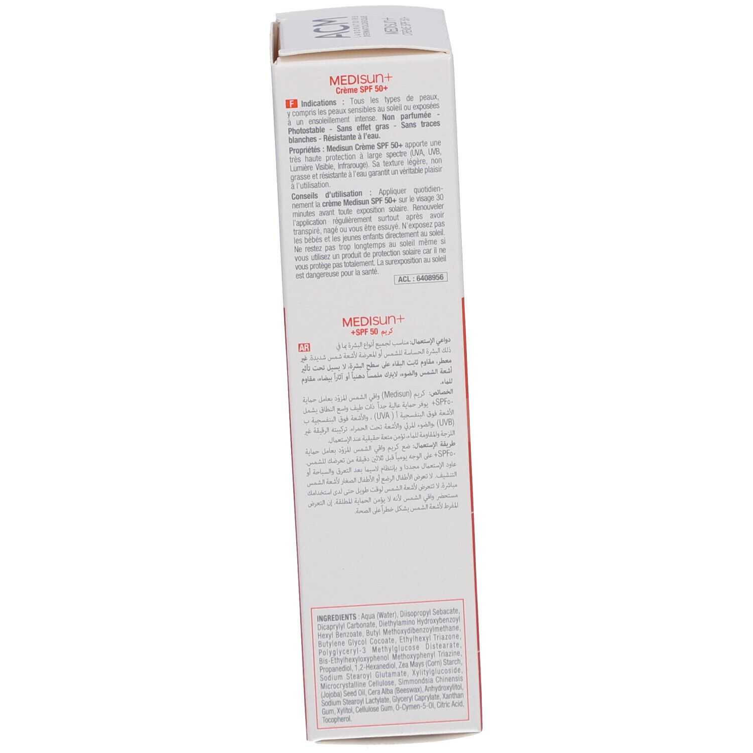 Dos de la boîte en carton avec informations produit en plusieurs langues. Contient texte, logos et ingrédients.