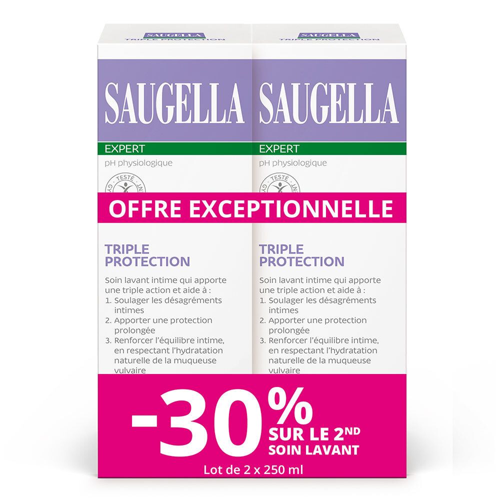 Lot de 2 Saugella Triple Protection. Offre exceptionnelle : -30% sur le 2ème soin lavant. Emballage avec informations.