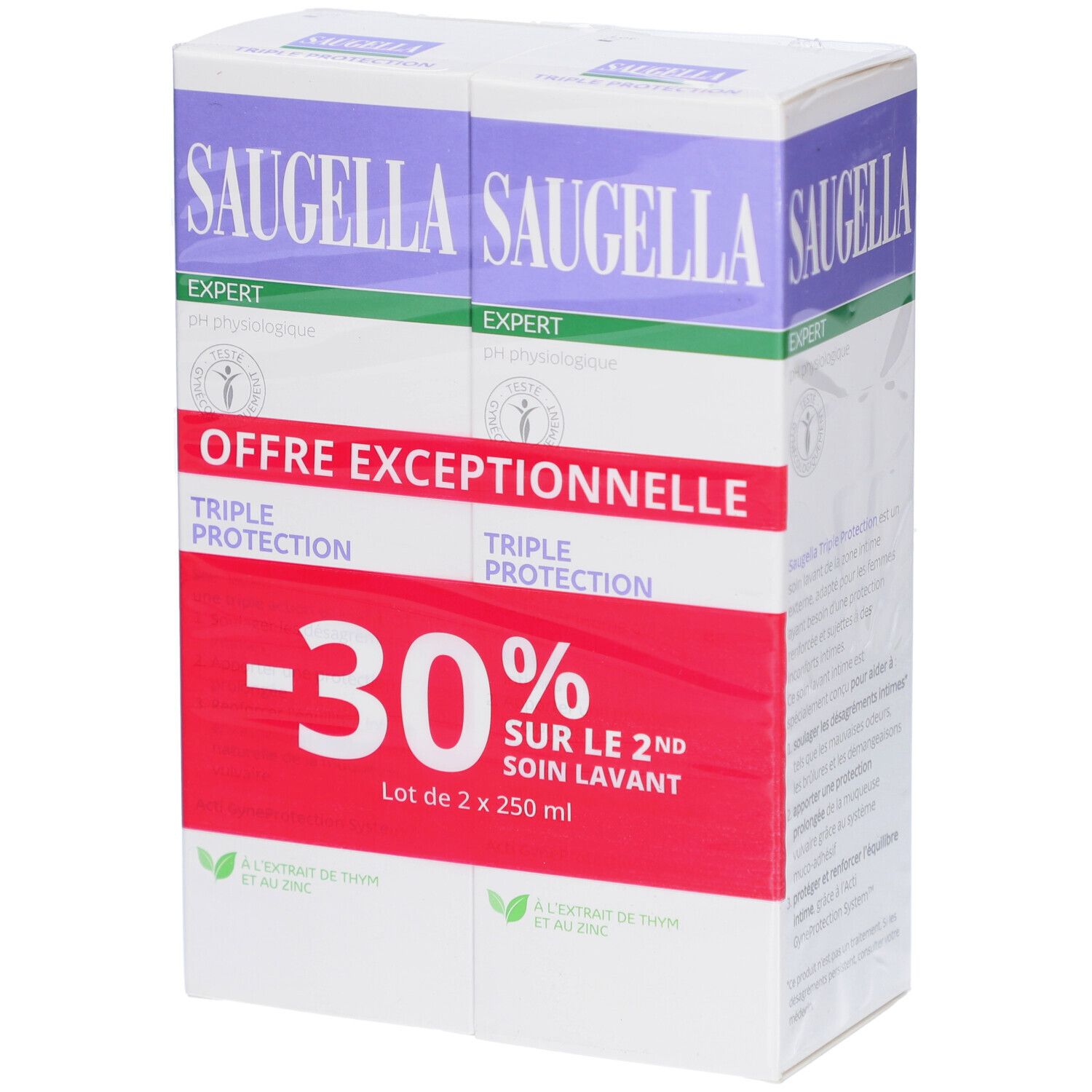 Lot de 2 Saugella Triple Protection. Offre : -30% sur le 2ème soin lavant. Emballage avec informations.