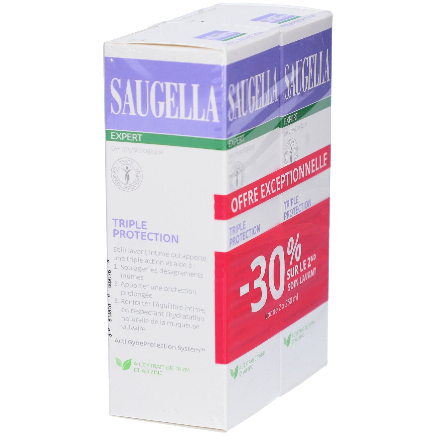 Lot Saugella Triple Protection. Offre : -30% sur le 2ème soin lavant. Emballage avec informations.