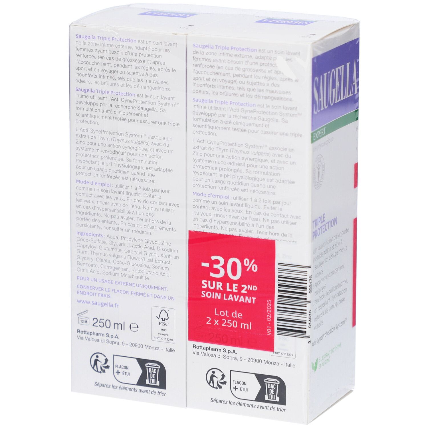 Dos de l'emballage double Saugella Triple Protection. Informations produit, ingrédients, mode d'emploi.