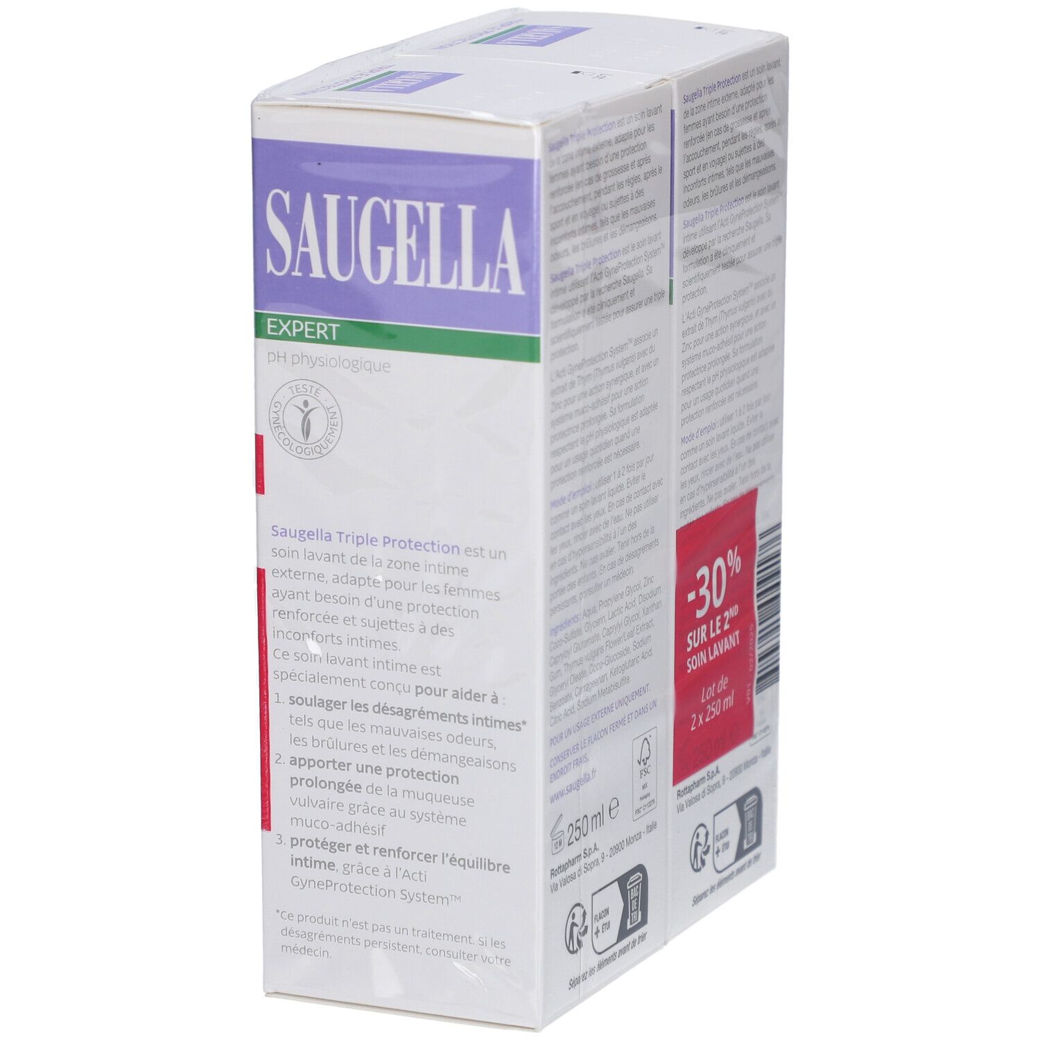 Dos de l'emballage double Saugella Triple Protection. Informations produit, ingrédients, mode d'emploi.