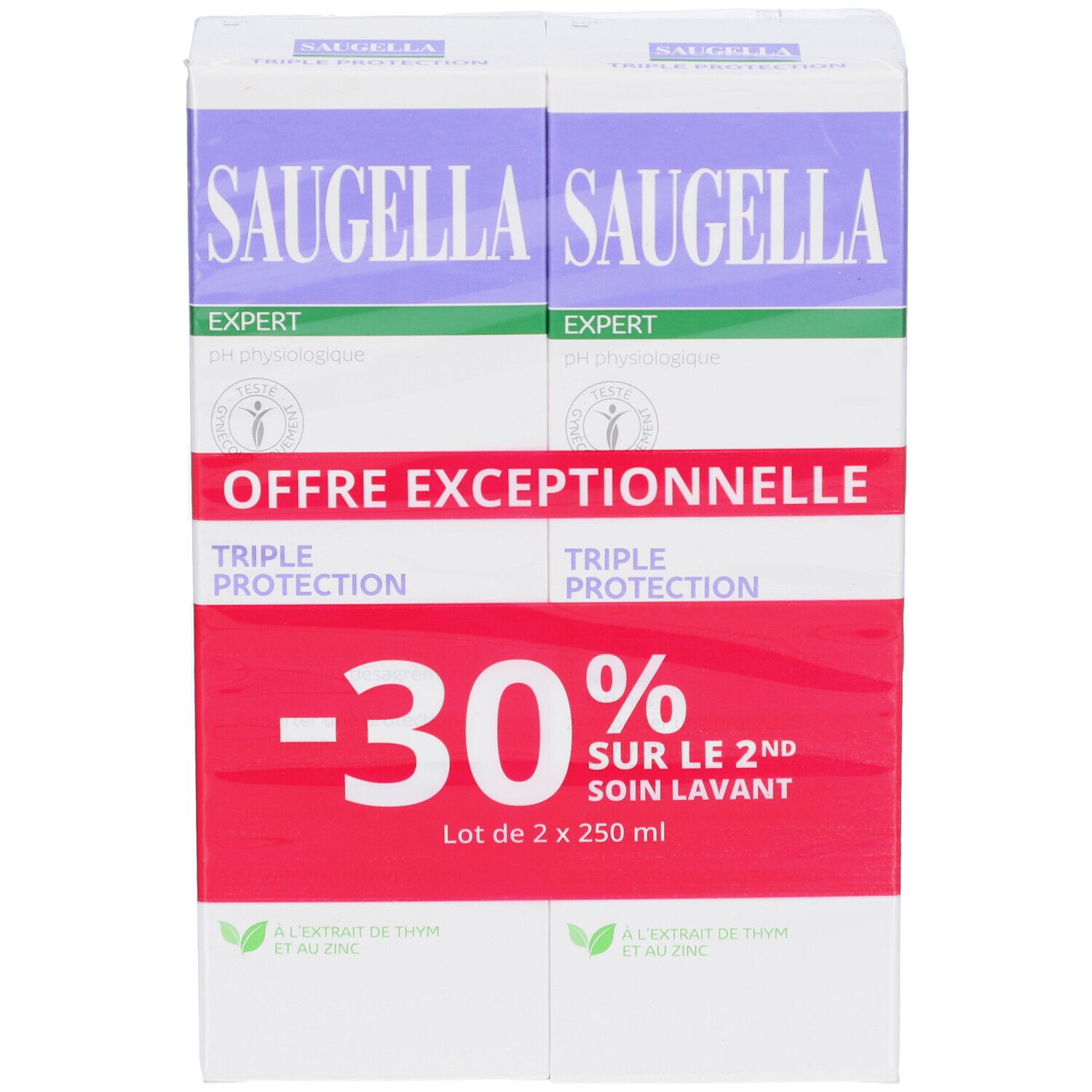 Lot de 2 Saugella Triple Protection. Offre : -30% sur le 2ème soin lavant. Emballage avec informations.
