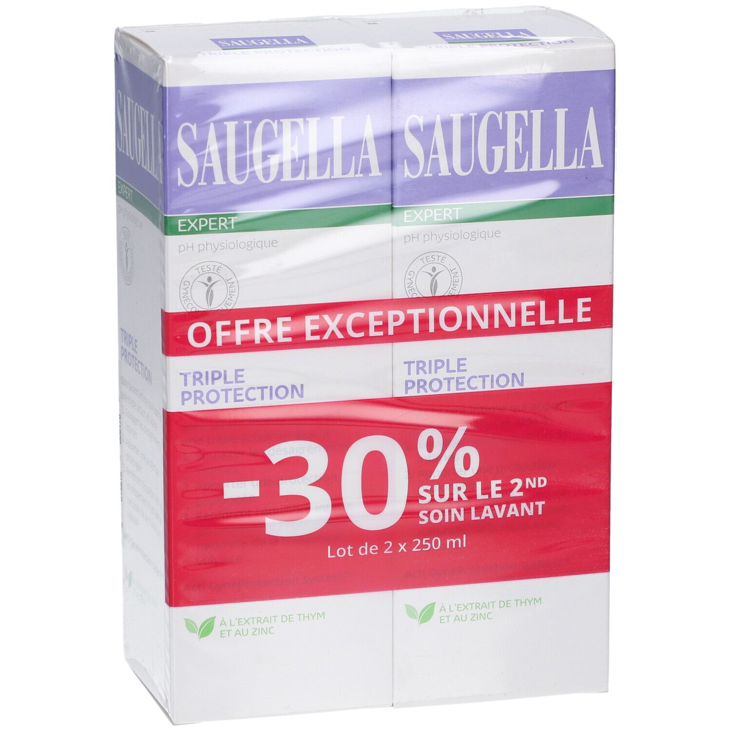 Lot Saugella Triple Protection. Offre : -30% sur le 2ème soin lavant. Emballage avec informations.