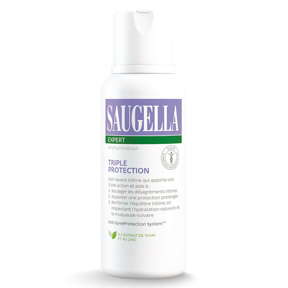 Flacon Saugella Triple Protection. Blanc, accents violets et verts. Informations produit et logo.