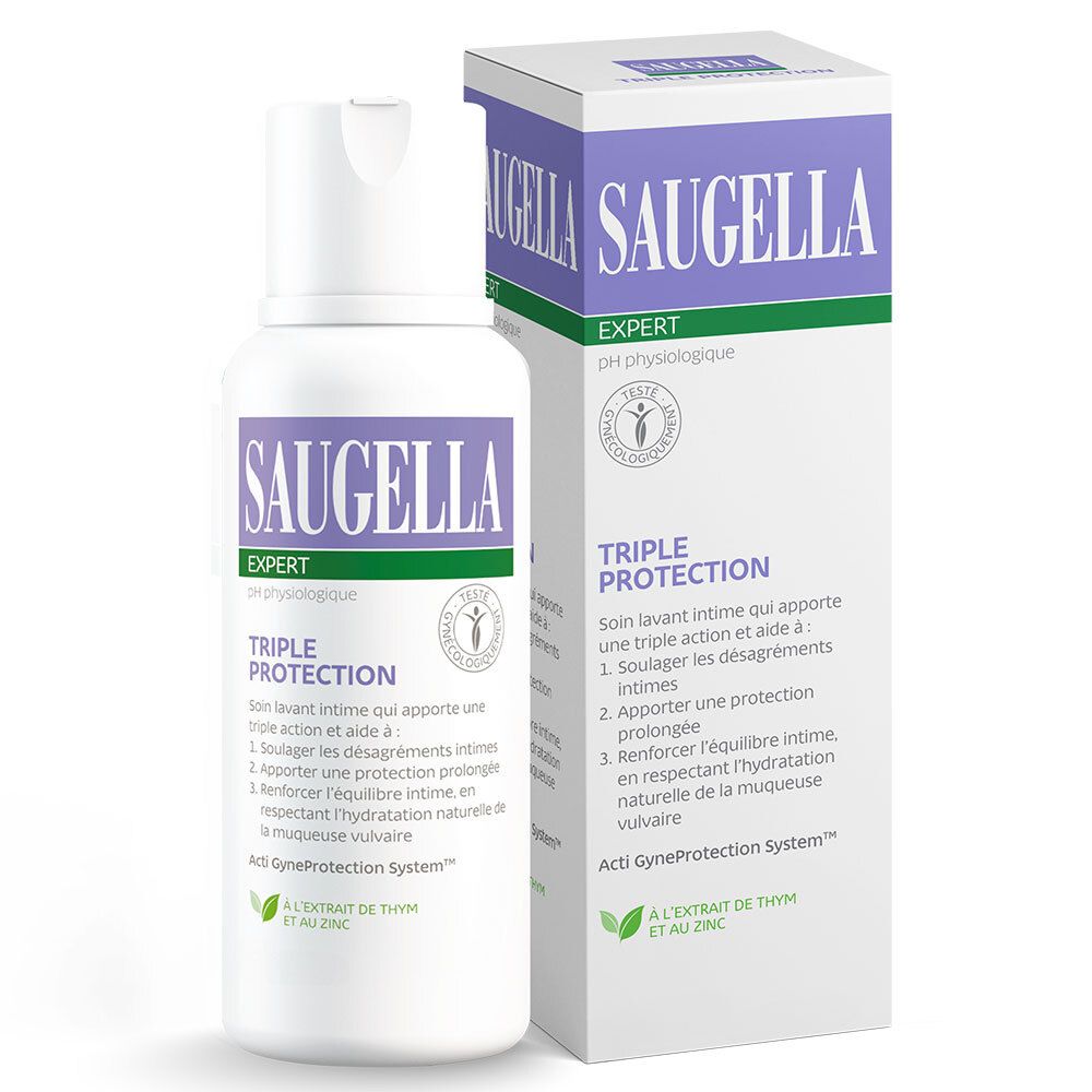 Flacon et emballage Saugella Triple Protection. Blanc, violet et vert. Informations produit et logo.