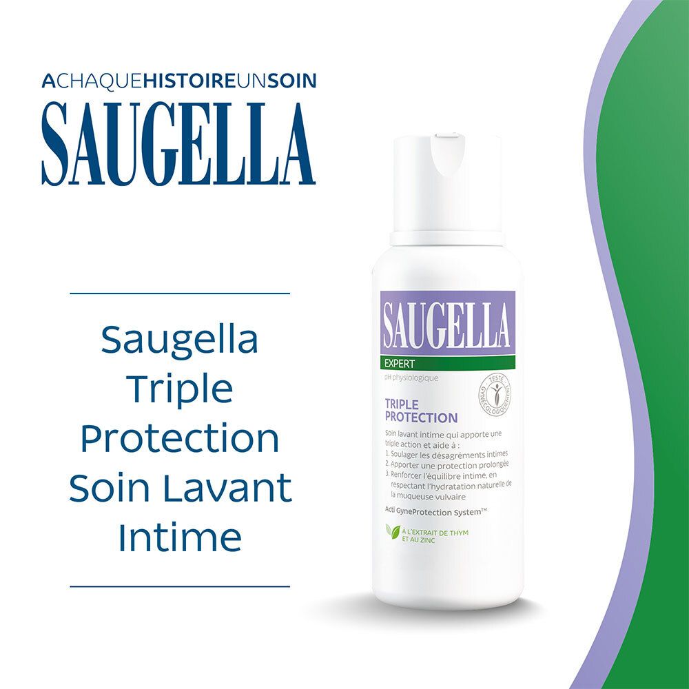 Flacon Saugella Triple Protection. Texte : Saugella, Triple Protection, Soin Lavant Intime. Fond vert.