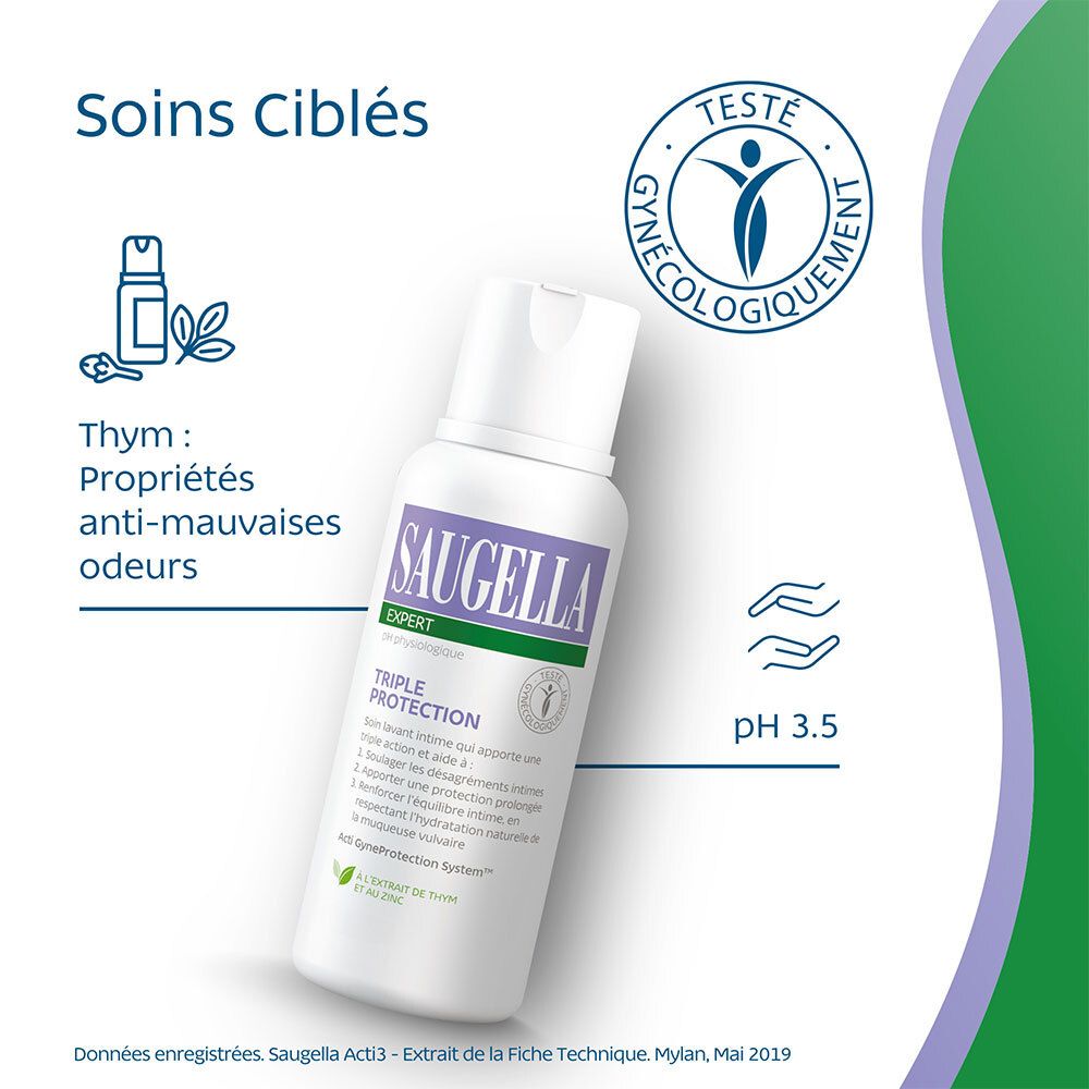 Flacon Saugella Triple Protection. Texte : Saugella, Triple Protection. Caractéristiques : thym, anti-odeurs. pH 3.5.