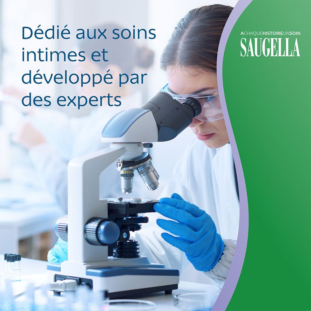 Femme en laboratoire avec microscope. Texte : Saugella, dédié aux soins intimes et développé par des experts.