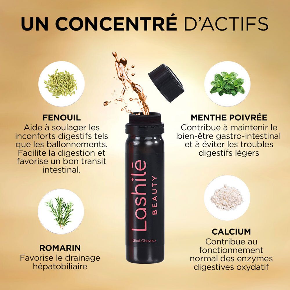 Gros plan sur un flacon de Shot. Ingrédients: fenouil, menthe poivrée, romarin, calcium. Texte: Un concentré d'actifs.