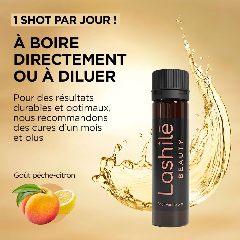 Flacon de Shot avec pêche et citron. Texte: 1 Shot par jour ! À boire directement ou à diluer.