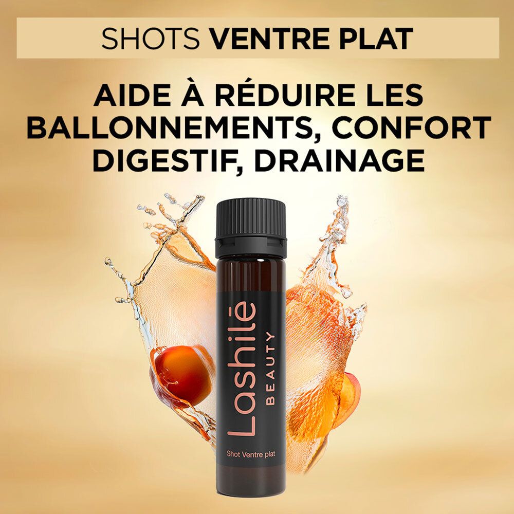 Flacon de Shot avec texte: Shots Ventre plat, aide à réduire les ballonnements, confort digestif, drainage.