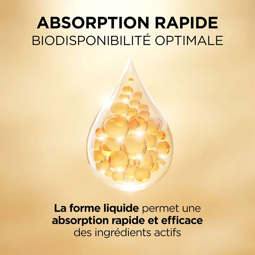 Représentation en forme de goutte. Texte: Absorption rapide, biodisponibilité optimale. Forme liquide.