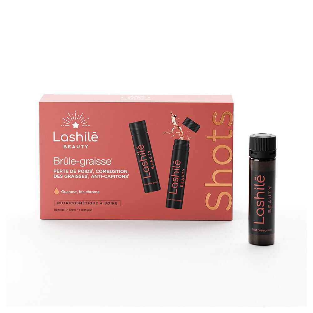 Flacon brun avec bouchon noir. Inscription Lashilé Beauty. Boîte avec shots à côté.