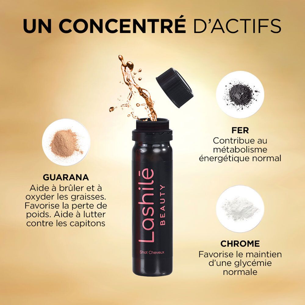 Ingrédients : guarana, fer, chrome. Flacon avec liquide. Bouchon noir à côté.