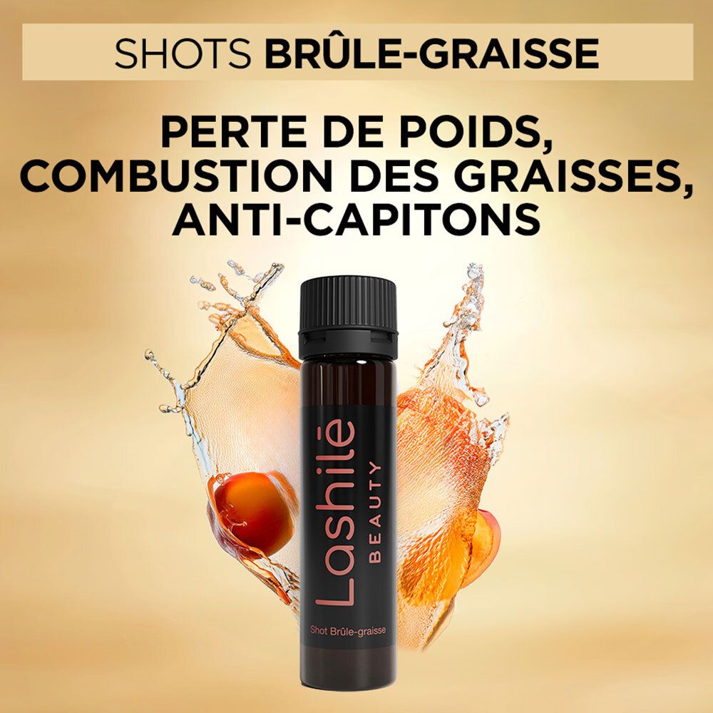 Flacon brun avec bouchon noir. Inscription Lashilé Beauty. Liquide jaillissant.