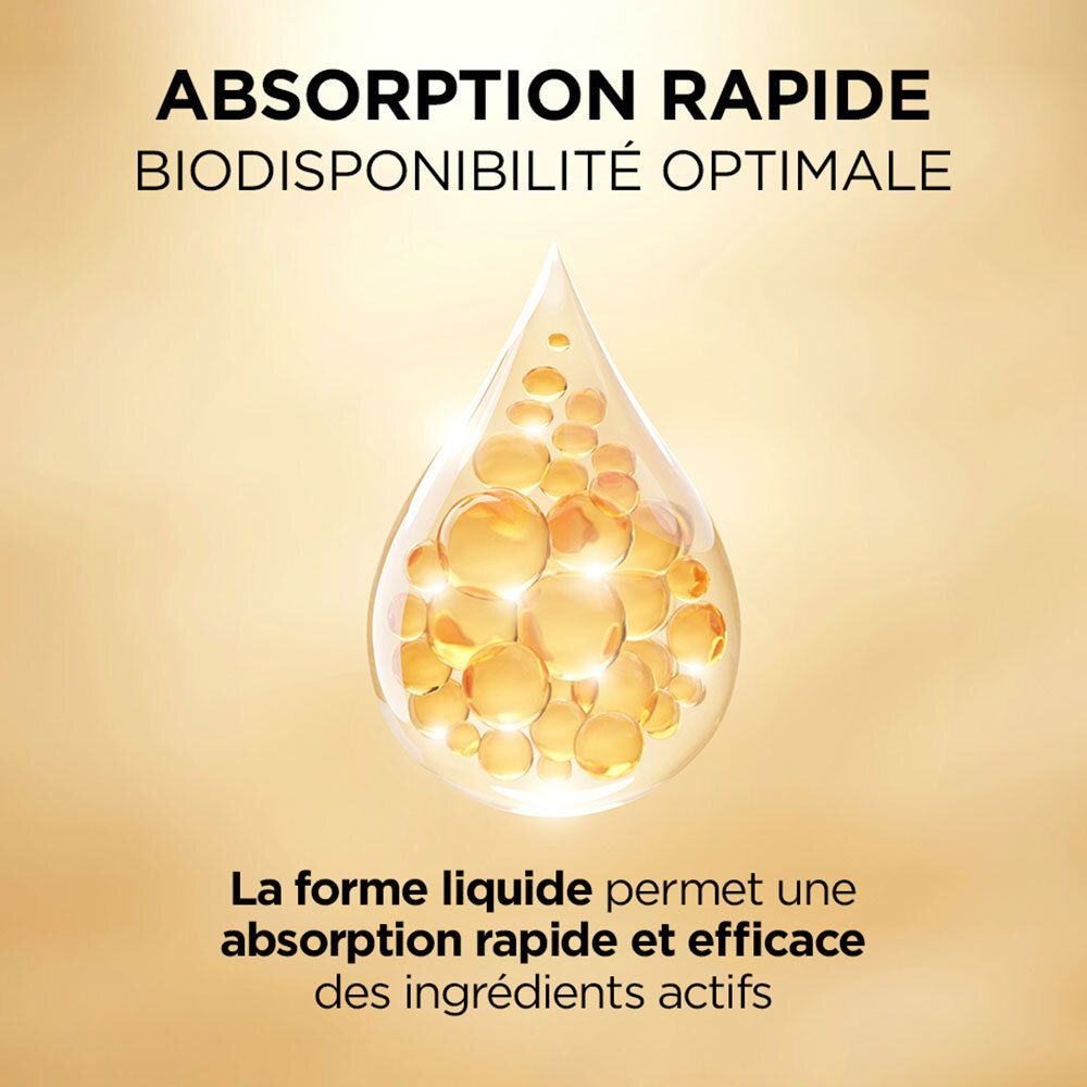 Représentation en forme de goutte. Liquide avec bulles dorées. Texte : Absorption rapide.