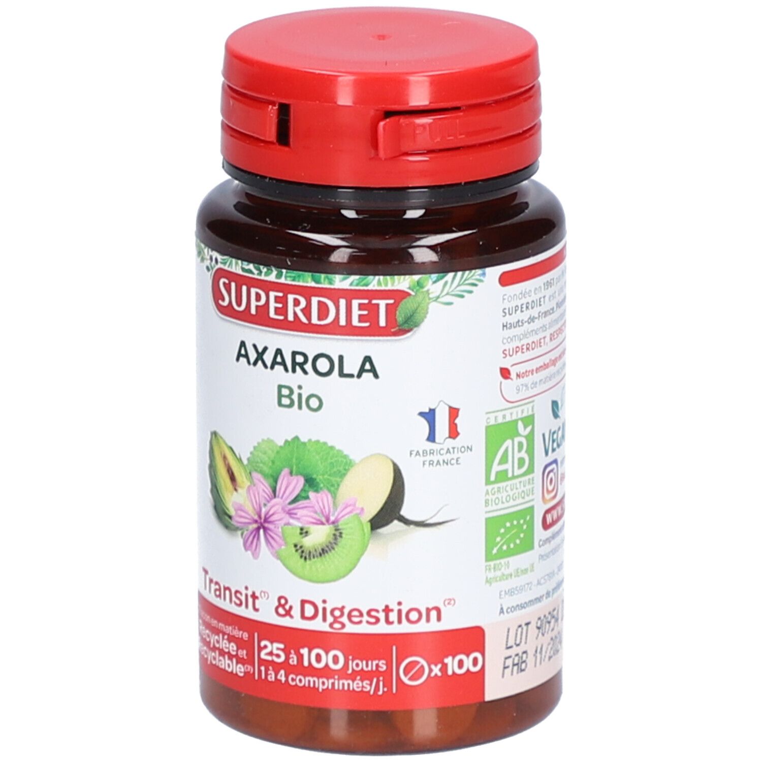 Flacon marron avec bouchon rouge. Inscription : SUPERDIET Axarola Bio, Transit & Digestion. Illustrations de fruits et fleurs.
