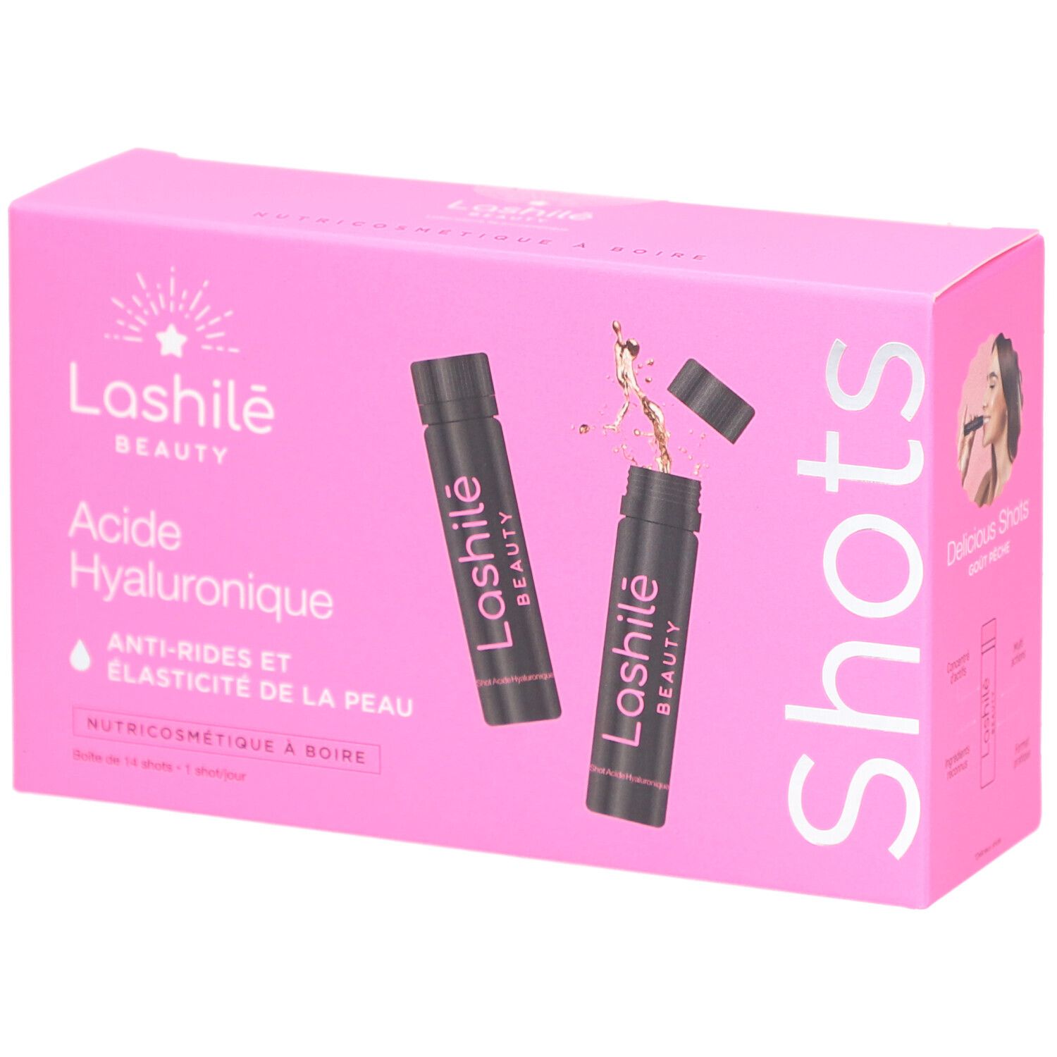 Boîte rose avec deux shots noirs. Inscription: Lashilé Beauty, Acide Hyaluronique, Anti-rides, Élasticité de la peau.