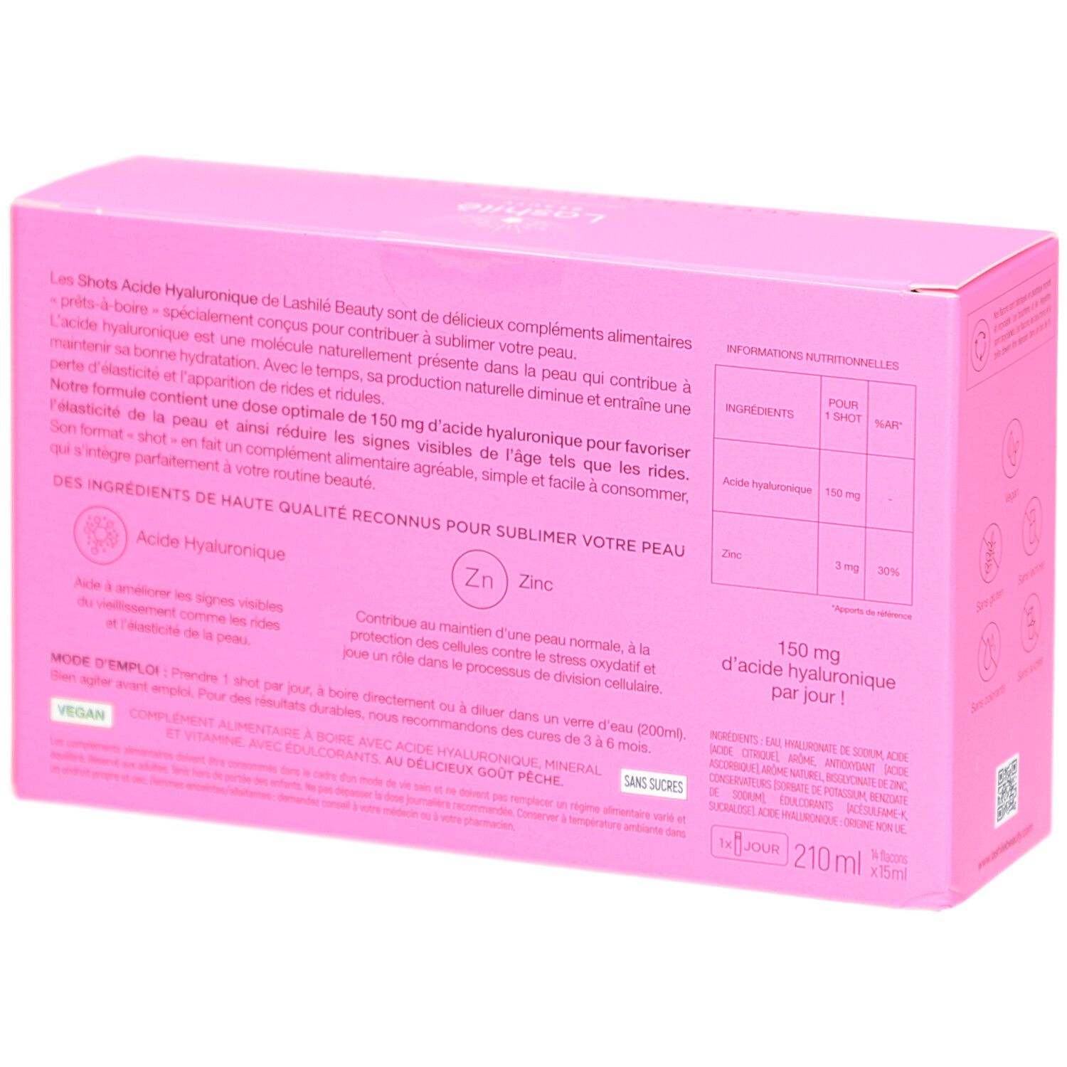 Boîte rose, dos. Inscription: Lashilé Beauty, Acide Hyaluronique, 150 mg par jour. Ingrédients, vegan.