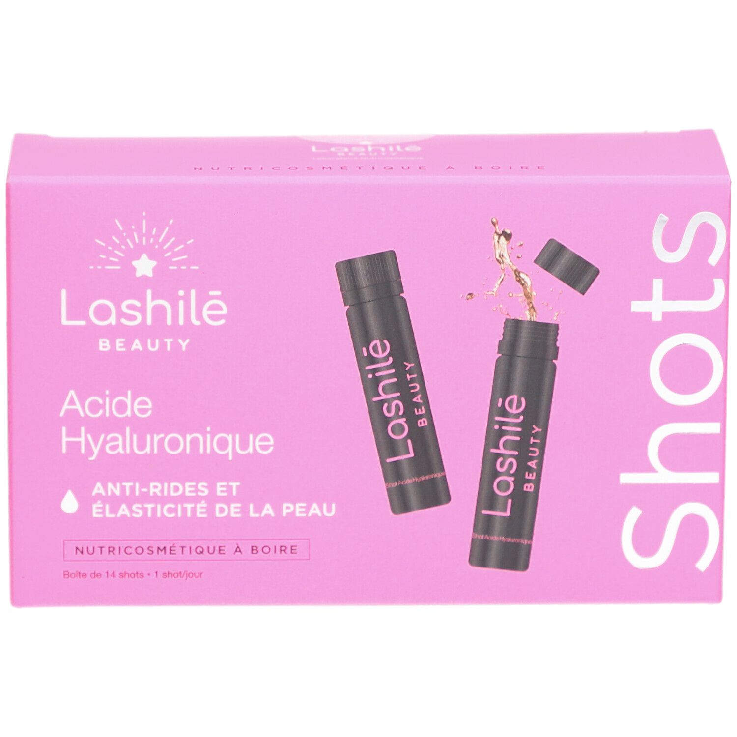 Boîte rose avec deux shots noirs. Inscription: Lashilé Beauty, Acide Hyaluronique, Anti-rides, Élasticité de la peau.