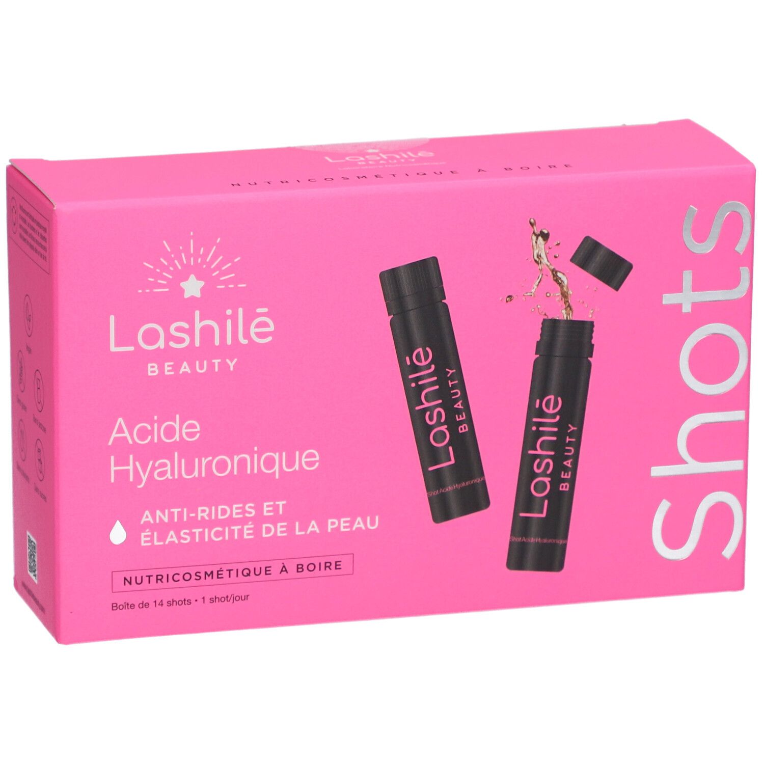 Boîte rose avec deux shots noirs. Inscription: Lashilé Beauty, Acide Hyaluronique, Anti-rides, Élasticité de la peau.