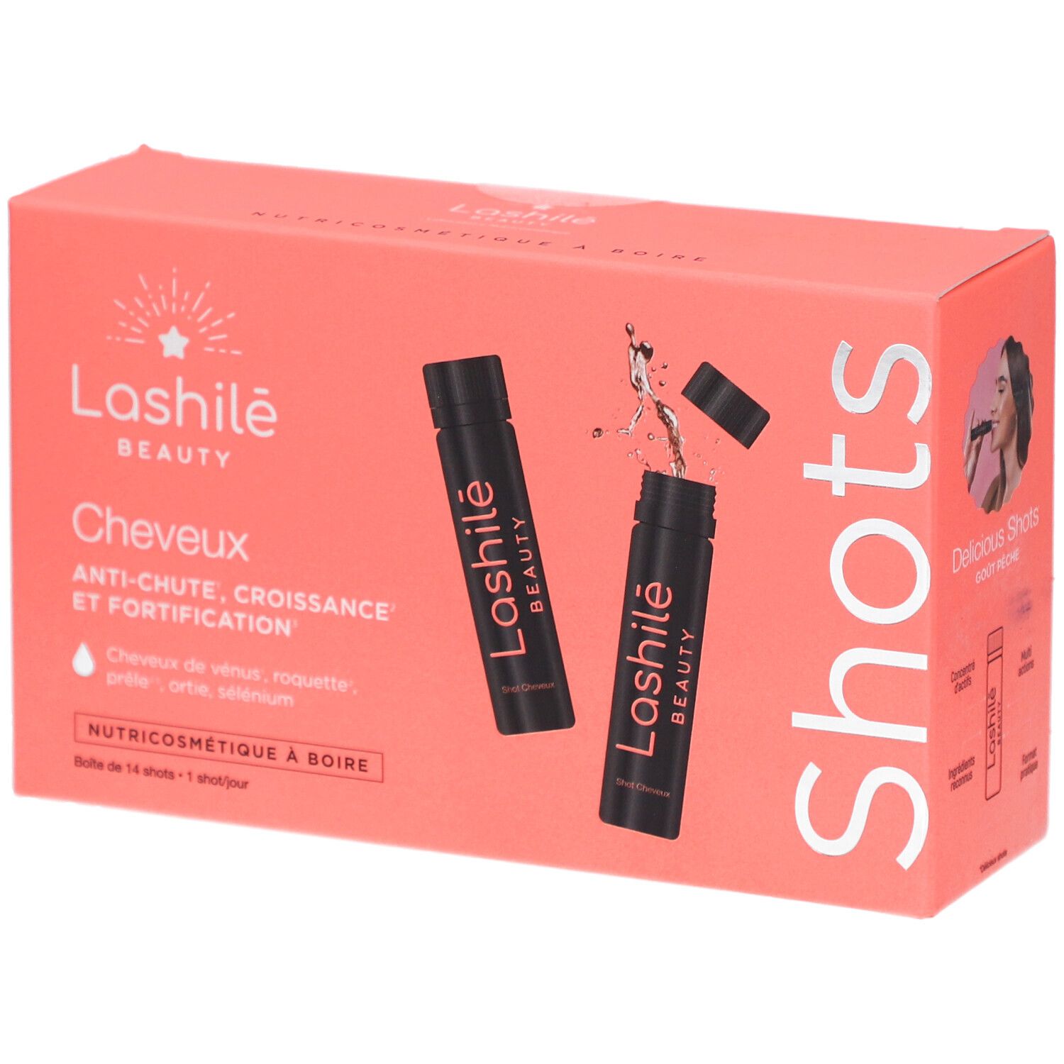Rosa Schachtel mit zwei schwarzen Shots. Aufschrift: Lashilé Beauty, Shots, Cheveux, Anti-Haarausfall.