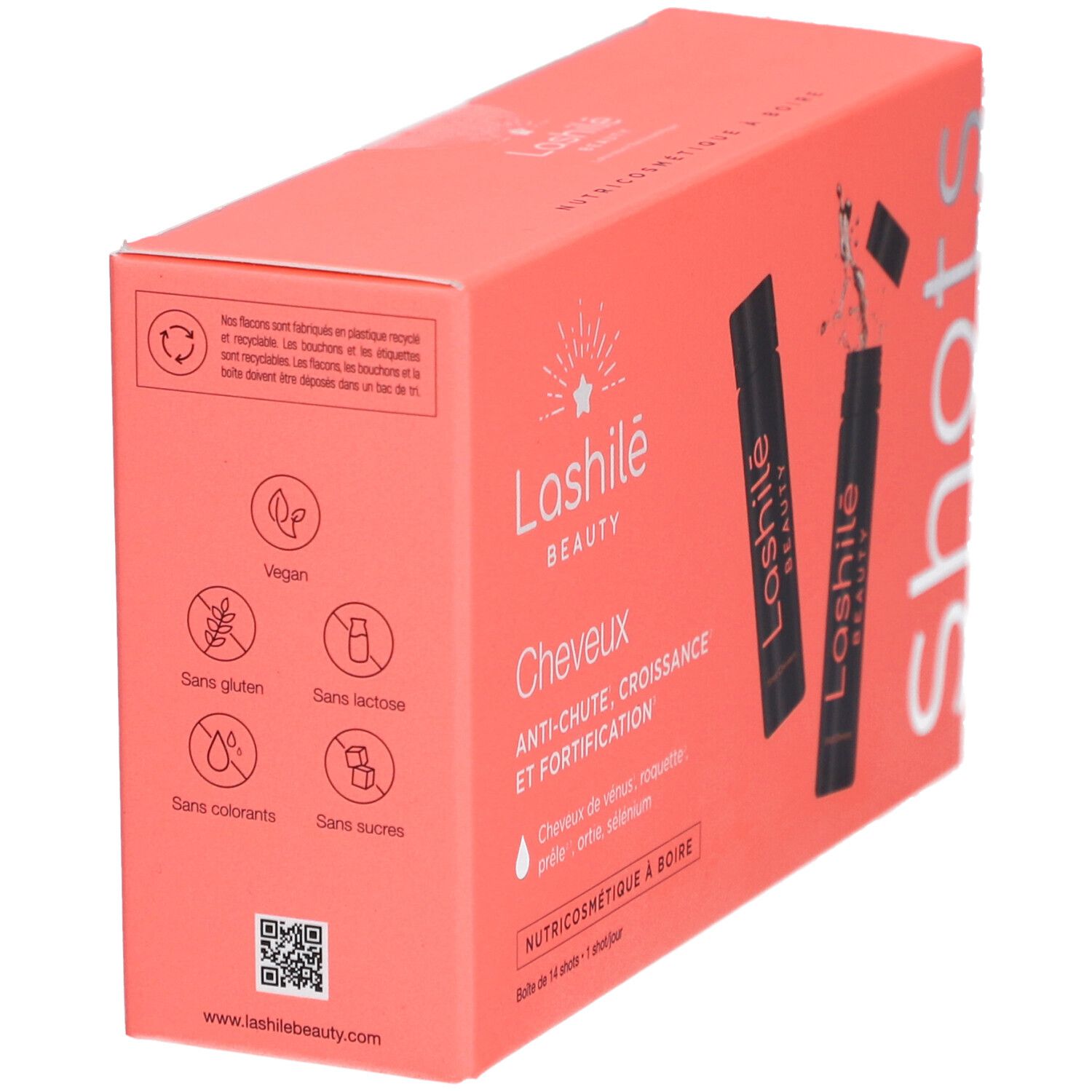 Rosa Schachtel, Seitenansicht. Aufschrift: Lashilé Beauty, Cheveux, Anti-Haarausfall, Vegan, ohne Gluten, Laktose, Farbstoffe, Zucker.