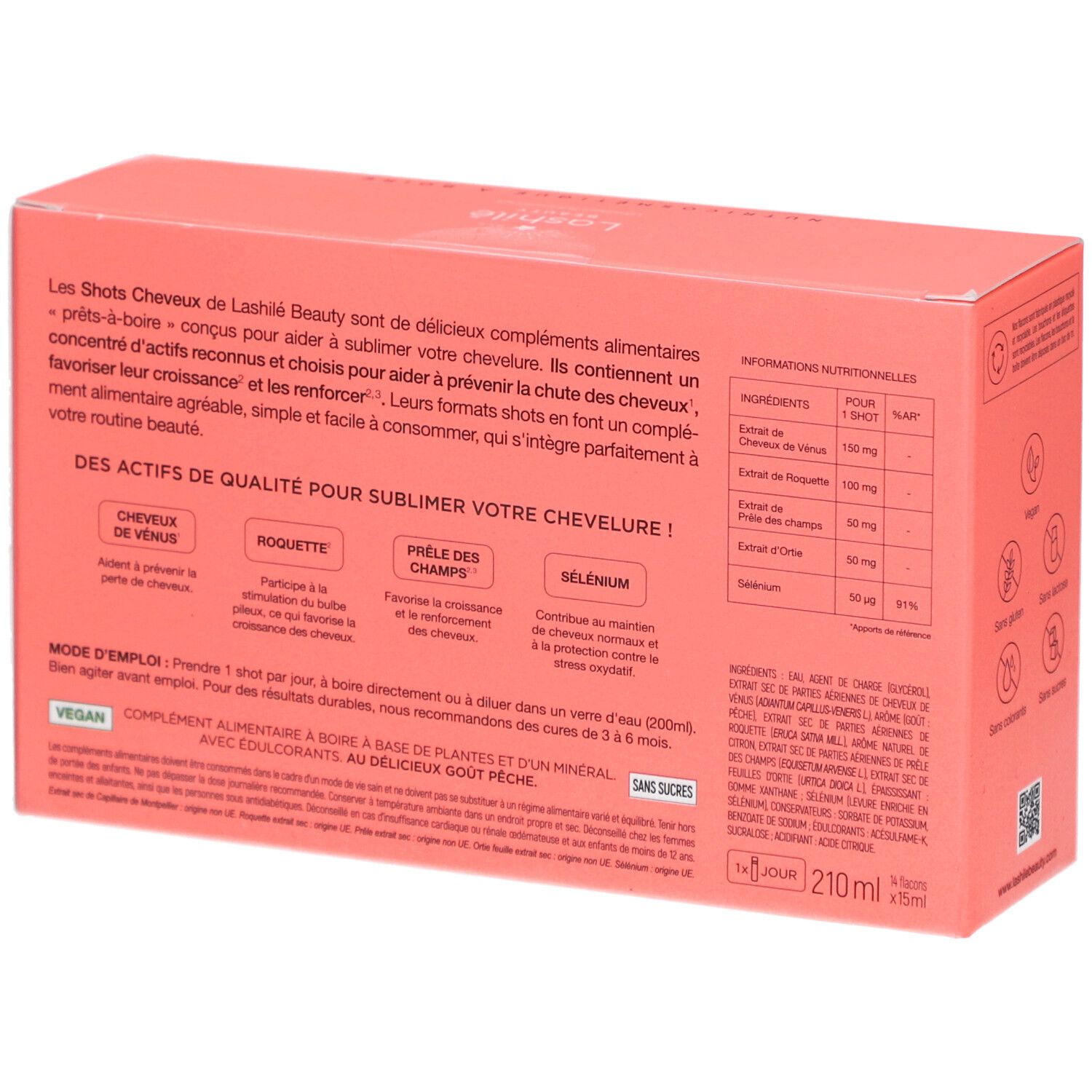 Rückseite der rosa Schachtel. Informationen zu Inhaltsstoffen und Anwendung. Aufschrift: Vegan, ohne Zucker, 210ml.