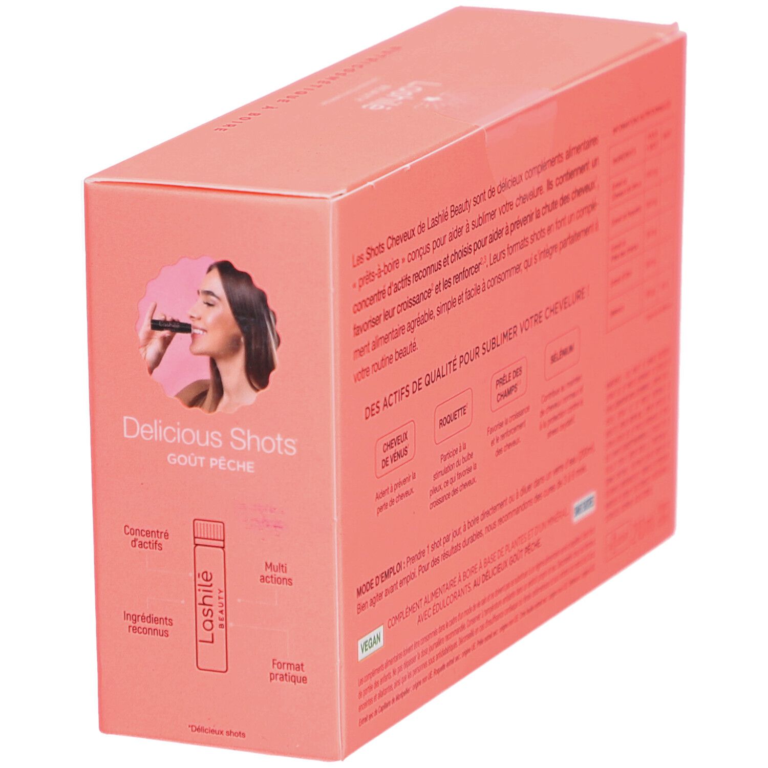 Rosa Schachtel, Seitenansicht. Aufschrift: Delicious Shots, Geschmack Pfirsich, Lashilé, Konzentrate, Mehrfachwirkung.