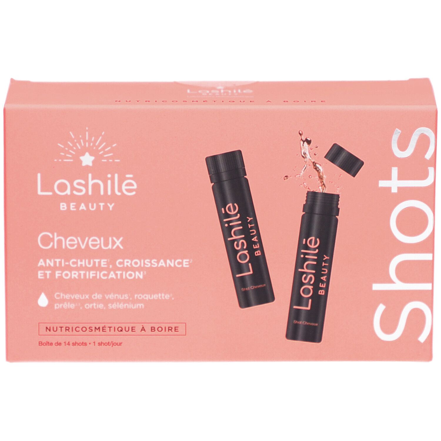 Rosa Schachtel mit zwei schwarzen Shots. Aufschrift: Lashilé Beauty, Cheveux, Anti-Haarausfall, Nutricosmétique à boire.