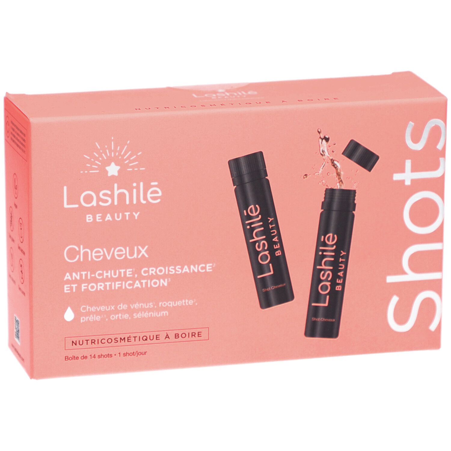 Rosa Schachtel mit zwei schwarzen Shots. Aufschrift: Lashilé Beauty, Cheveux, Anti-Haarausfall, Nutricosmétique à boire.