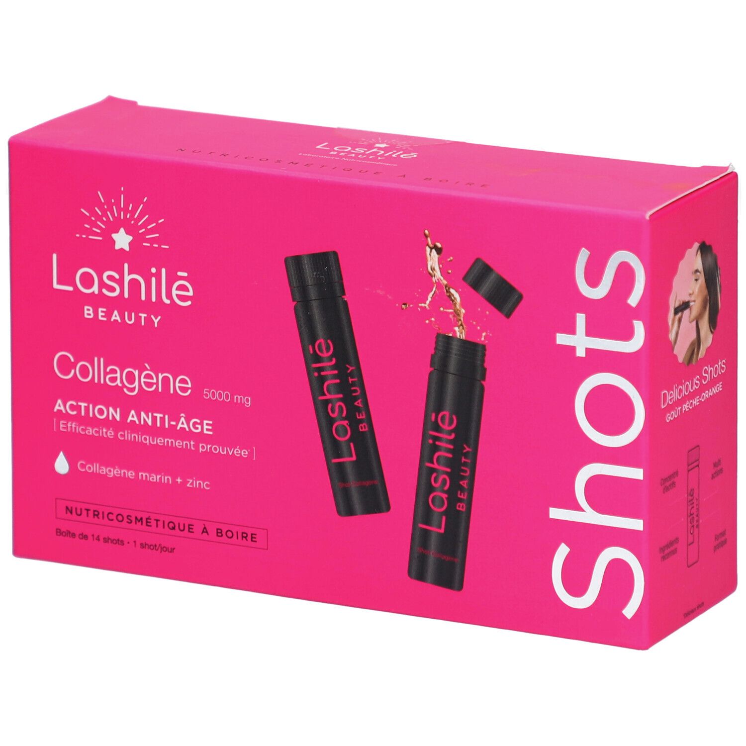 Rosa Schachtel mit "Lashilé Beauty" und "Collagen" Schriftzug. Zwei Shots sind abgebildet, einer geöffnet.