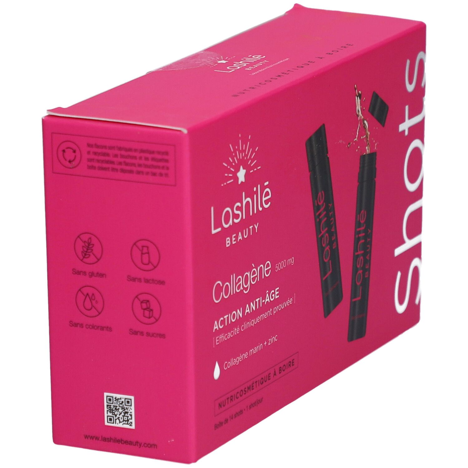 Rosa Schachtel mit "Lashilé Beauty" und "Collagen" Schriftzug. Logos für glutenfrei, laktosefrei, ohne Farbstoffe, ohne Zucker.
