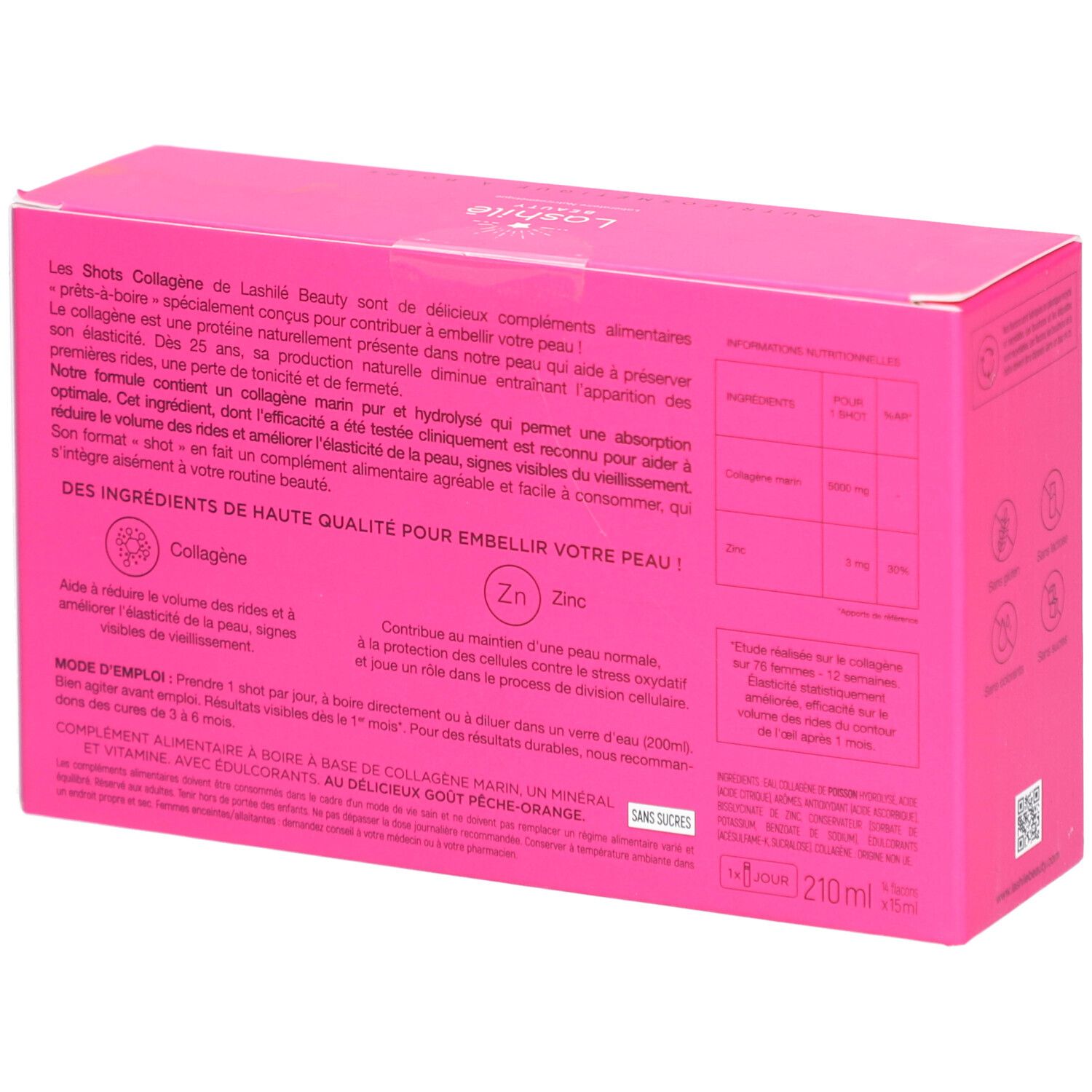 Rückseite der rosa Schachtel mit Text. Enthält Informationen zu Inhaltsstoffen und Anwendung.