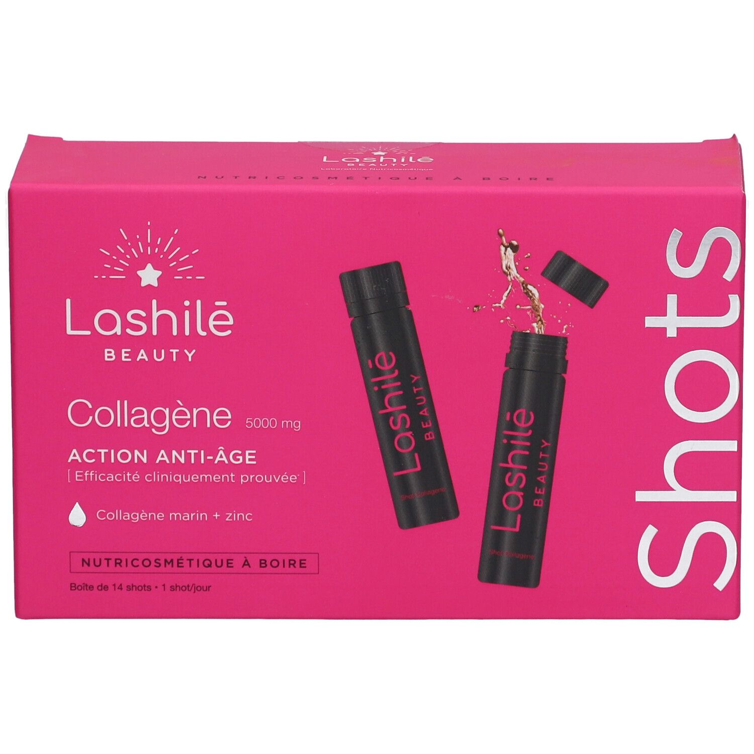 Rosa Schachtel mit "Lashilé Beauty" und "Collagen" Schriftzug. Zwei Shots sind abgebildet, einer geöffnet.