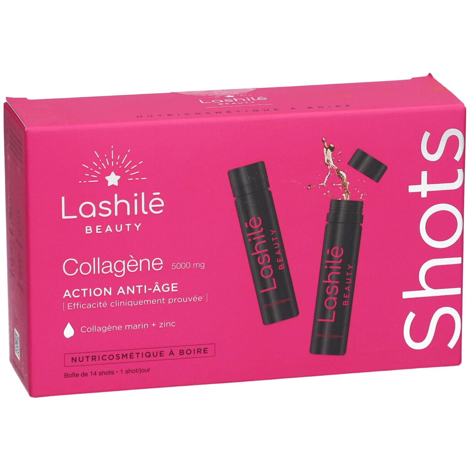 Rosa Schachtel mit "Lashilé Beauty" und "Collagen" Schriftzug. Zwei Shots sind abgebildet, einer geöffnet.