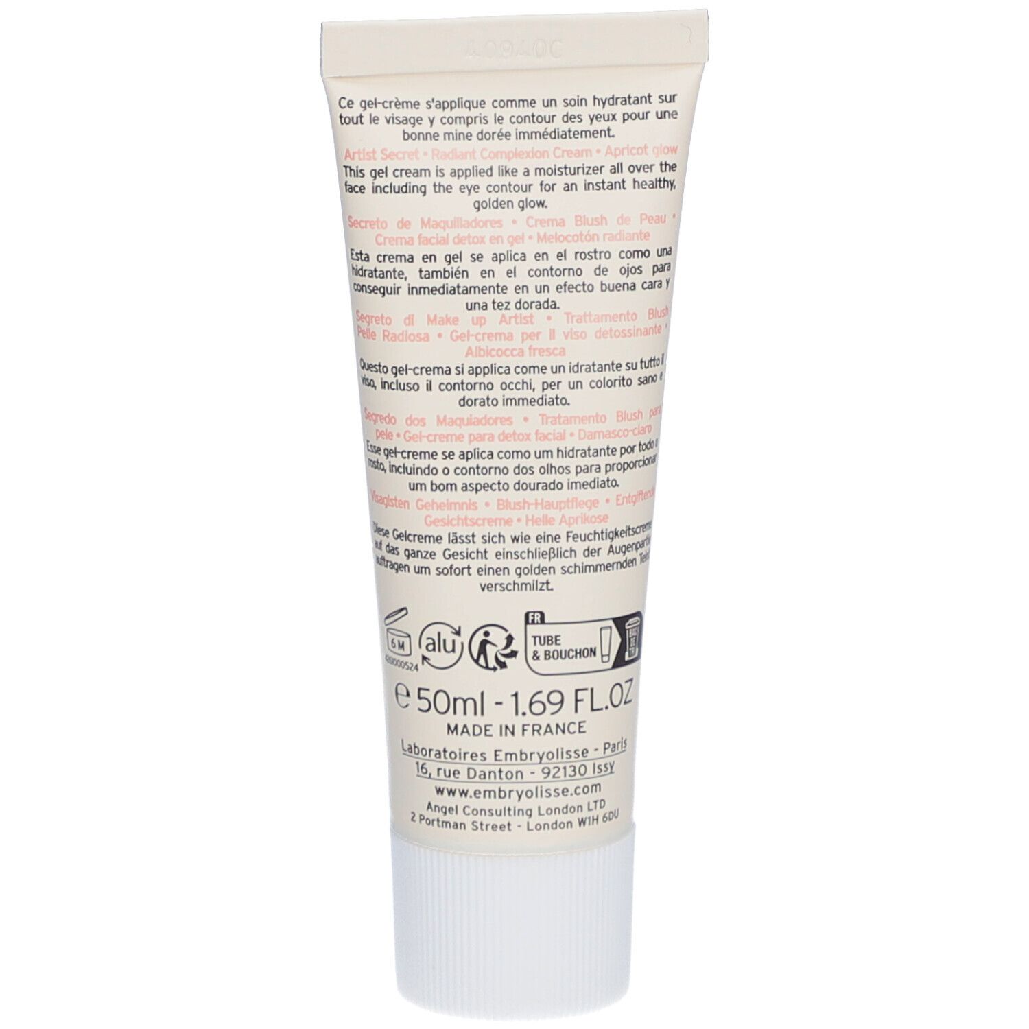 Rückseite der Creme-Tube. Text in mehreren Sprachen. Volumen: 50 ml. Hergestellt in Frankreich. Inhaltsstoffe und Herstelleradresse.