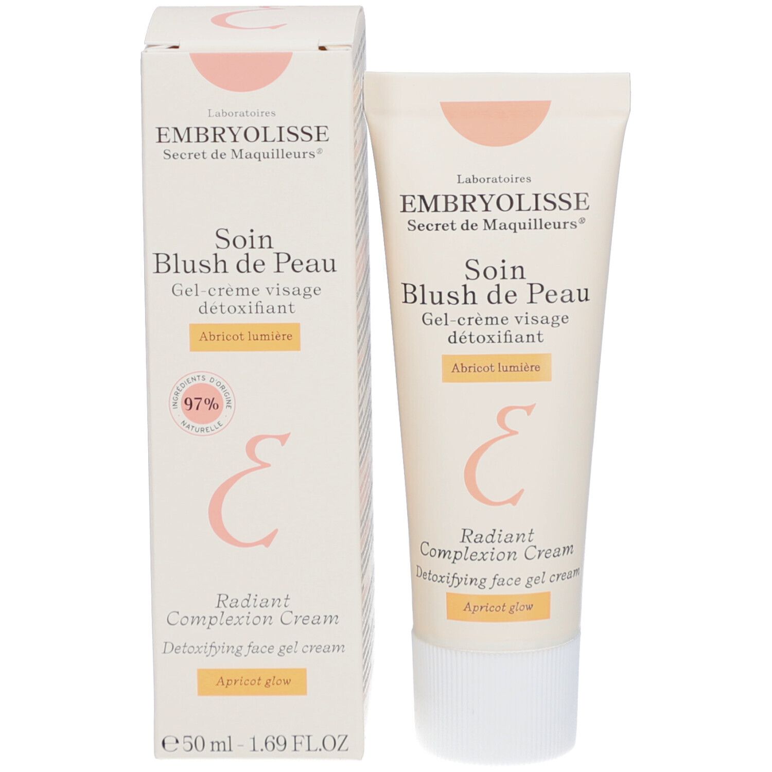 Produktverpackung mit Tube und Karton. Tube und Karton mit Produktnamen und Markennamen. Text: Soin Blush de Peau, Apricot lumière.